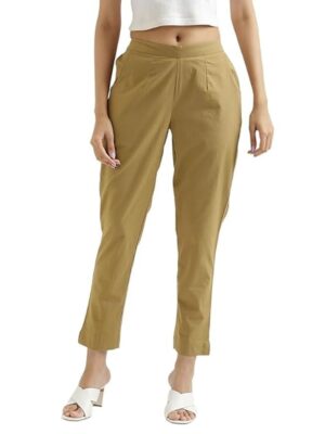 Women Regular Fit Elastic Waist Full Length Cotton Formal Trouser/Pant for Casual Wear, Office Wear (Beige)