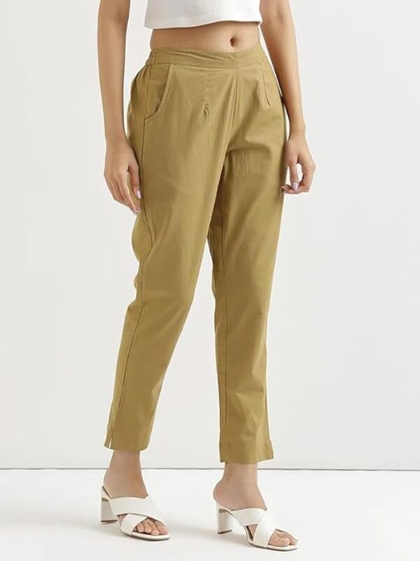 Women Regular Fit Elastic Waist Full Length Cotton Formal Trouser/Pant for Casual Wear, Office Wear (Beige) - Image 2