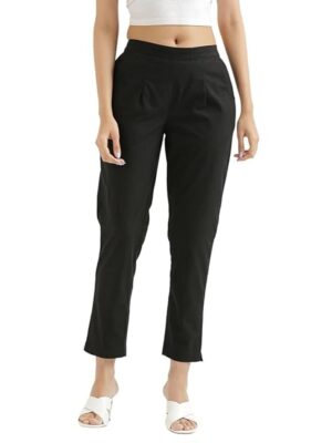 Women Regular Fit Elastic Waist Full Length Cotton Formal Trouser/Pant for Casual Wear, Office Wear (Black)