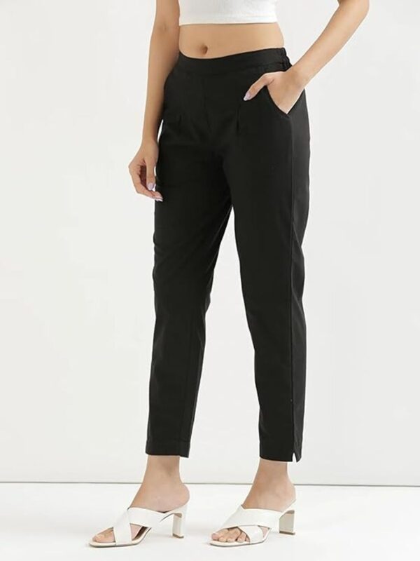 Women Regular Fit Elastic Waist Full Length Cotton Formal Trouser/Pant for Casual Wear, Office Wear (Black) - Image 2