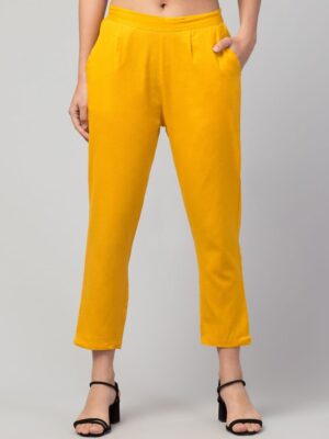 Women Regular Fit Elastic Waist Full Length Cotton Formal Trouser/Pant for Casual Wear, Office Wear (Mustard)