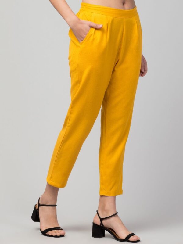 Women Regular Fit Elastic Waist Full Length Cotton Formal Trouser/Pant for Casual Wear, Office Wear (Mustard) - Image 3