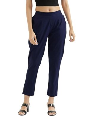 Women Regular Fit Elastic Waist Full Length Cotton Formal Trouser/Pant for Casual Wear, Office Wear (Blue)