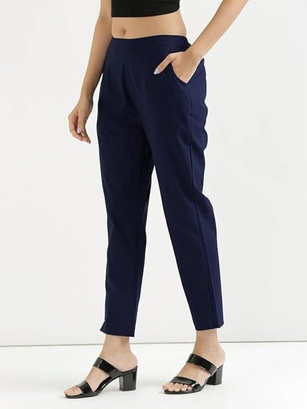 Women Regular Fit Elastic Waist Full Length Cotton Formal Trouser/Pant for Casual Wear, Office Wear (Blue) - Image 2