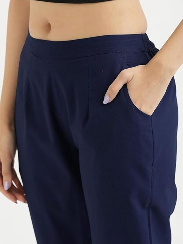 Women Regular Fit Elastic Waist Full Length Cotton Formal Trouser/Pant for Casual Wear, Office Wear (Blue) - Image 4