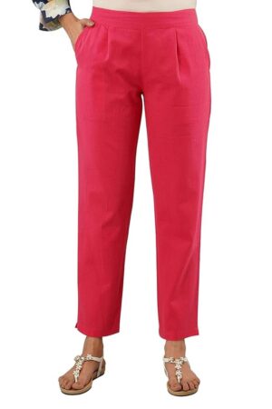 Women Regular Fit Elastic Waist Full Length Cotton Formal Trouser/Pant for Casual Wear, Office Wear (Pink)
