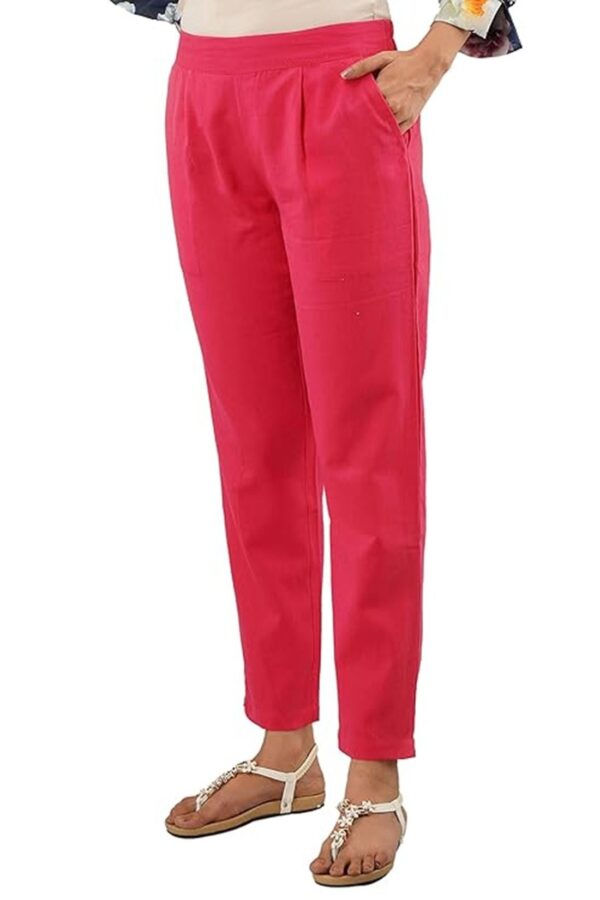 Women Regular Fit Elastic Waist Full Length Cotton Formal Trouser/Pant for Casual Wear, Office Wear (Pink) - Image 3