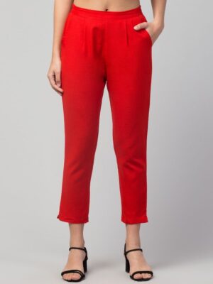 Women Regular Fit Elastic Waist Full Length Cotton Formal Trouser/Pant for Casual Wear, Office Wear (Red)