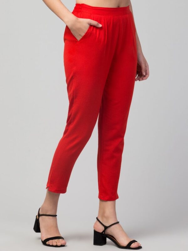 Women Regular Fit Elastic Waist Full Length Cotton Formal Trouser/Pant for Casual Wear, Office Wear (Red) - Image 3