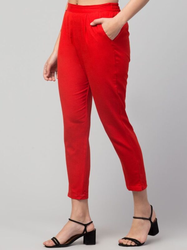 Women Regular Fit Elastic Waist Full Length Cotton Formal Trouser/Pant for Casual Wear, Office Wear (Red) - Image 4