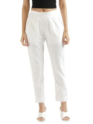 Women Regular Fit Elastic Waist Full Length Cotton Formal Trouser/Pant for Casual Wear, Office Wear (White)