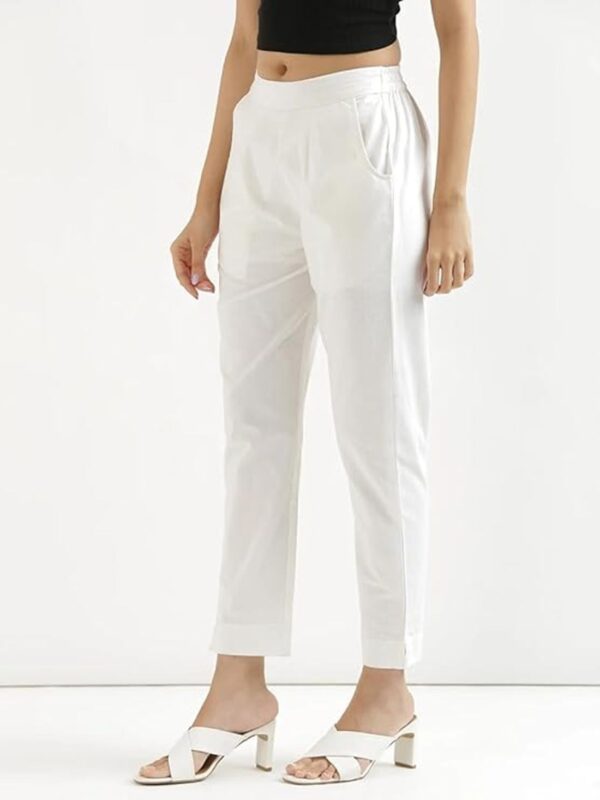 Women Regular Fit Elastic Waist Full Length Cotton Formal Trouser/Pant for Casual Wear, Office Wear (White) - Image 2