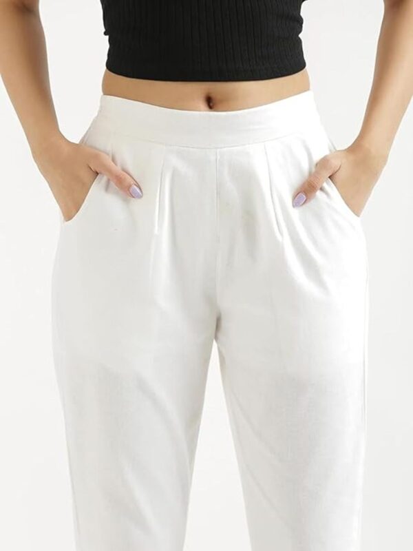 Women Regular Fit Elastic Waist Full Length Cotton Formal Trouser/Pant for Casual Wear, Office Wear (White) - Image 4