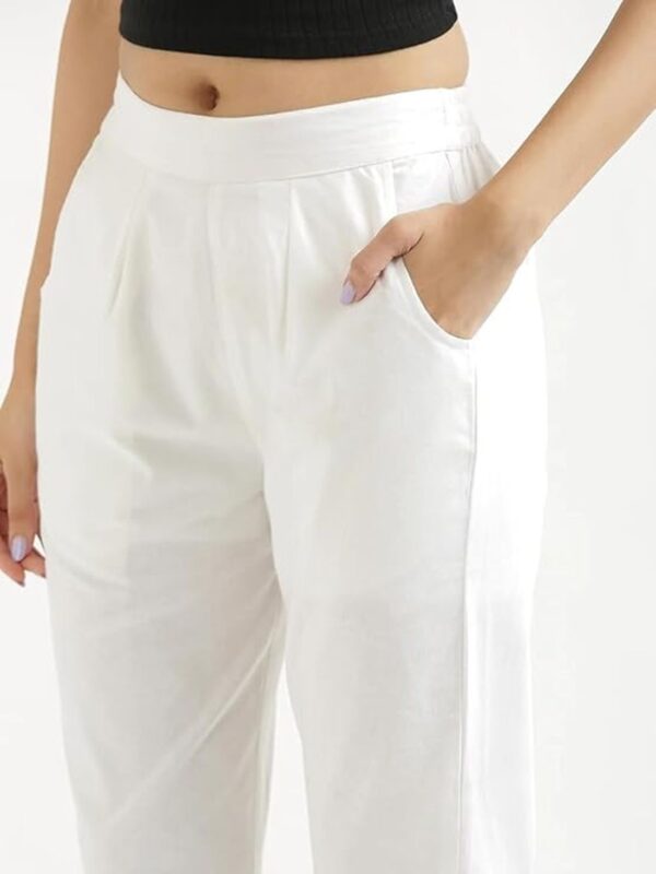 Women Regular Fit Elastic Waist Full Length Cotton Formal Trouser/Pant for Casual Wear, Office Wear (White) - Image 5