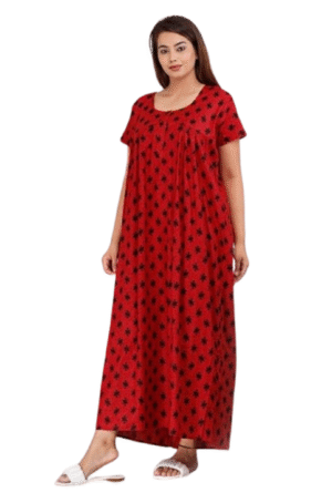 100% Cotton Nighty for Women || Long Length Printed Nighty/Maxi/Night Gown/Night Dress/Nightwear Inner & Sleepwear for Women's (Maroon)-DSMF002-Nighty Maroon