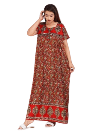 100% Cotton Nighty for Women || Long Length Printed Nighty/Maxi/Night Gown/Night Dress/Nightwear Inner & Sleepwear for Women's (Red)-DSMF004-Nighty Red