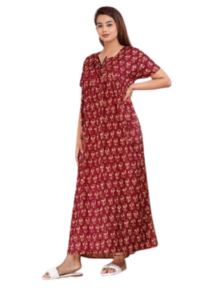 100% Cotton Nighty for Women || Long Length Printed Nighty/Maxi/Night Gown/Night Dress/Nightwear Inner & Sleepwear for Women's (Maroon)-DSMF008-Nighty Maroon