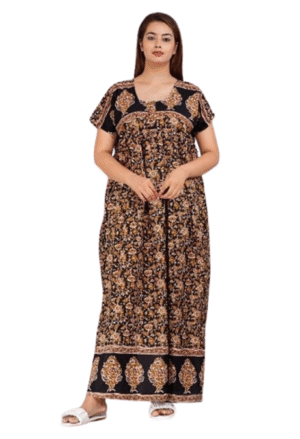 100% Cotton Nighty for Women || Long Length Printed Nighty/Maxi/Night Gown/Night Dress/Nightwear Inner & Sleepwear for Women's (Black)-DSMF012-Nighty Black