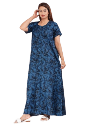 100% Cotton Nighty for Women || Long Length Printed Nighty/Maxi/Night Gown/Night Dress/Nightwear Inner & Sleepwear for Women's (Blau)-DSMF013-Nighty Blue