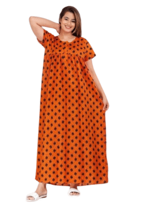 100% Cotton Nighty for Women || Long Length Printed Nighty/Maxi/Night Gown/Night Dress/Nightwear Inner & Sleepwear for Women's (Orange)-DSMF014-Nighty Orange