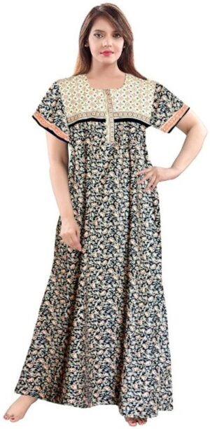 100% Cotton Nighty for Women || Long Length Printed Nighty/Maxi/Night Gown/Night Dress/Nightwear Inner & Sleepwear for Women's (Black)-DSMF016-Nighty Black