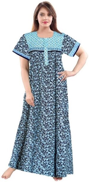 100% Cotton Nighty for Women || Long Length Printed Nighty/Maxi/Night Gown/Night Dress/Nightwear Inner & Sleepwear for Women's (Blue)-DSMF017-Nighty Blue