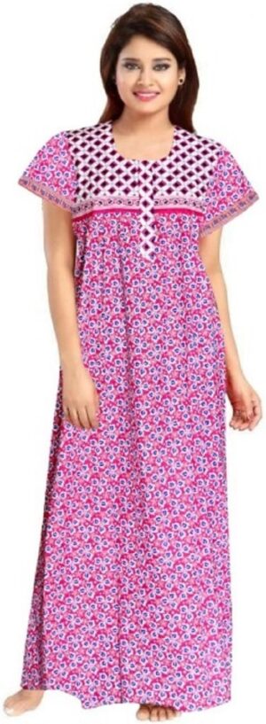 100% Cotton Nighty for Women || Long Length Printed Nighty/Maxi/Night Gown/Night Dress/Nightwear Inner & Sleepwear for Women's (Pink)-DSMF018-Nighty Pink