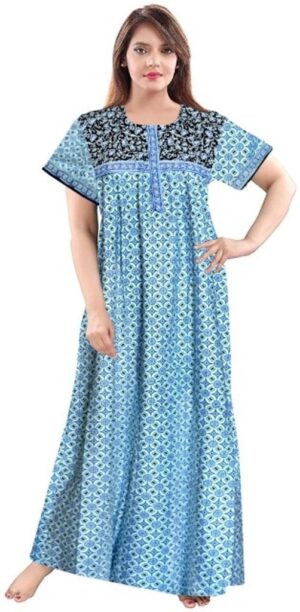 100% Cotton Nighty for Women || Long Length Printed Nighty/Maxi/Night Gown/Night Dress/Nightwear Inner & Sleepwear for Women's (Blue)-DSMF019-Nighty Blue