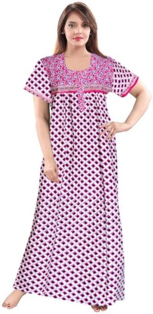 100% Cotton Nighty for Women || Long Length Printed Nighty/Maxi/Night Gown/Night Dress/Nightwear Inner & Sleepwear for Women's (Pink)-DSMF020-Nighty Pink