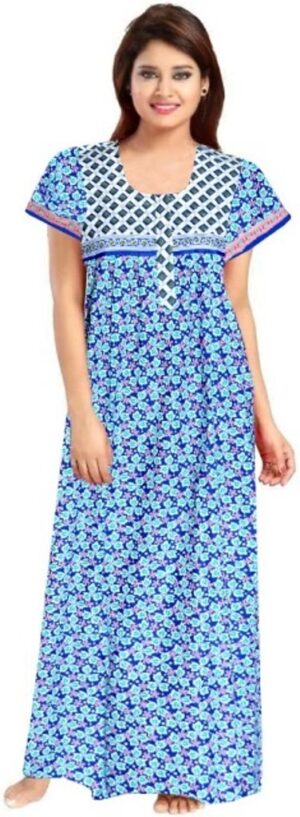 100% Cotton Nighty for Women || Long Length Printed Nighty/Maxi/Night Gown/Night Dress/Nightwear Inner & Sleepwear for Women's (Blue)-DSMF022-Nighty Blue