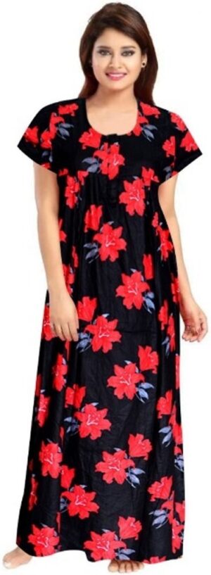100% Cotton Nighty for Women || Long Length Printed Nighty/Maxi/Night Gown/Night Dress/Nightwear Inner & Sleepwear for Women's (Red)-DSMF023-Nighty Red