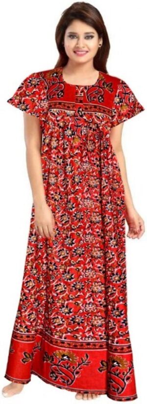 100% Cotton Nighty for Women || Long Length Printed Nighty/Maxi/Night Gown/Night Dress/Nightwear Inner & Sleepwear for Women's (Red)-DSMF025-Nighty Red