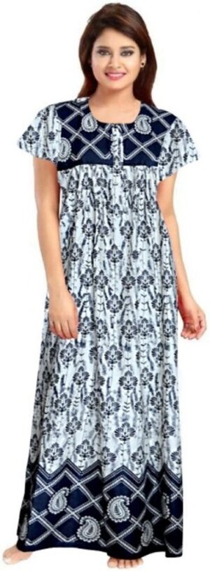 100% Cotton Nighty for Women || Long Length Printed Nighty/Maxi/Night Gown/Night Dress/Nightwear Inner & Sleepwear for Women's (White)-DSMF028-Nighty White