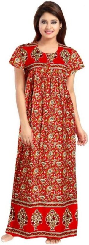 100% Cotton Nighty for Women || Long Length Printed Nighty/Maxi/Night Gown/Night Dress/Nightwear Inner & Sleepwear for Women's (Red)-DSMF030-Nighty Red