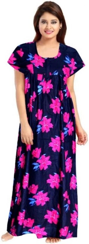 100% Cotton Nighty for Women || Long Length Printed Nighty/Maxi/Night Gown/Night Dress/Nightwear Inner & Sleepwear for Women's (Pink)-DSMF032-Nighty Pink