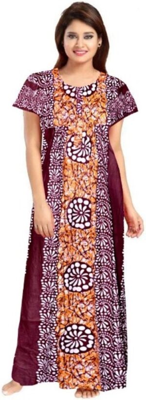 100% Cotton Nighty for Women || Long Length Printed Nighty/Maxi/Night Gown/Night Dress/Nightwear Inner & Sleepwear for Women's (Maroon)-DSMF034-Nighty Maroon