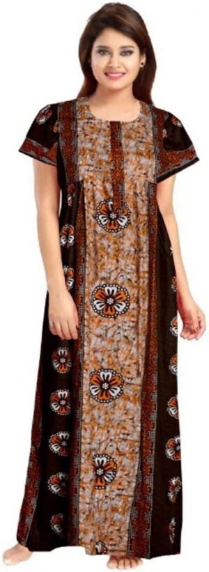 100% Cotton Nighty for Women || Long Length Printed Nighty/Maxi/Night Gown/Night Dress/Nightwear Inner & Sleepwear for Women's (Brown)-DSMF039-Nighty Brown