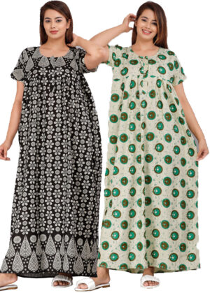 Cotton Nighty for Women || Long Length Printed Nighty/Maxi/Night Gown/Night Dress/Nightwear Inner & Sleepwear for Women's (Combo Pack of 2) (DSMF039-Nighty (P2)Black Green)