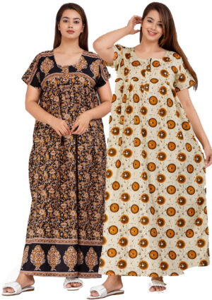 Cotton Nighty for Women || Long Length Printed Nighty/Maxi/Night Gown/Night Dress/Nightwear Inner & Sleepwear for Women's (Combo Pack of 2) (DSMF041-Nighty (P2)Black Yellow)