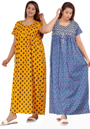 Cotton Nighty for Women || Long Length Printed Nighty/Maxi/Night Gown/Night Dress/Nightwear Inner & Sleepwear for Women's (Combo Pack of 2) (DSMF042-Nighty (P2)Yellow Blue)