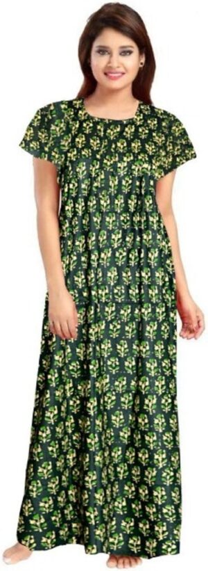 100% Cotton Nighty for Women || Long Length Printed Nighty/Maxi/Night Gown/Night Dress/Nightwear Inner & Sleepwear for Women's (Green)-DSMF042-Nighty Green