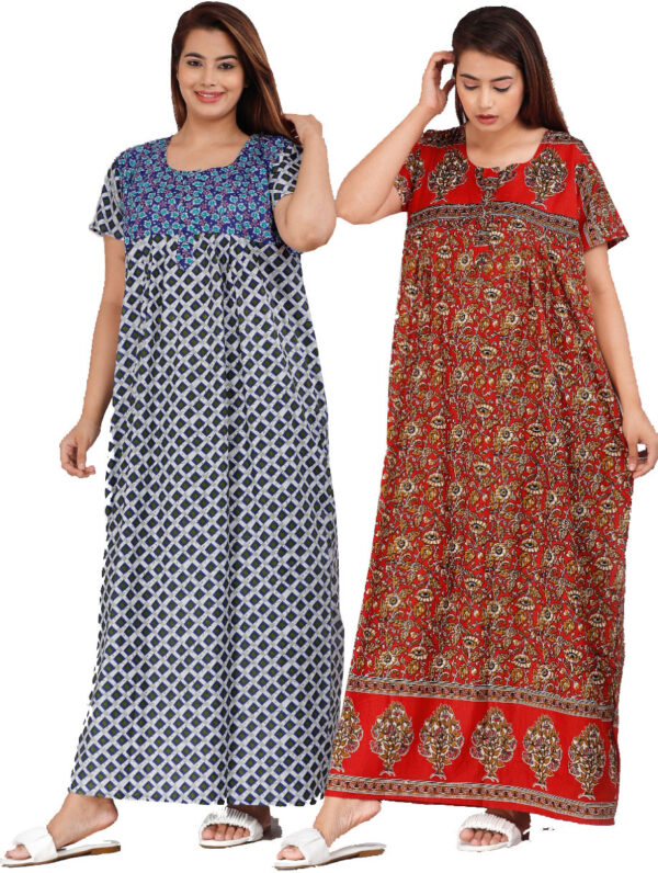 Cotton Nighty for Women || Long Length Printed Nighty/Maxi/Night Gown/Night Dress/Nightwear Inner & Sleepwear for Women's (Combo Pack of 2) (DSMF043-Nighty (P2)Blue Red)
