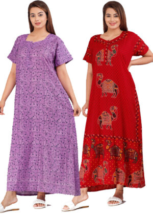 Cotton Nighty for Women || Long Length Printed Nighty/Maxi/Night Gown/Night Dress/Nightwear Inner & Sleepwear for Women's (Combo Pack of 2) (DSMF044-Nighty (P2)Purple Red)