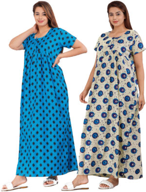 Cotton Nighty for Women || Long Length Printed Nighty/Maxi/Night Gown/Night Dress/Nightwear Inner & Sleepwear for Women's (Combo Pack of 2) (DSMF045-Nighty (P2)Multicolor)