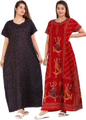 Cotton Nighty for Women || Long Length Printed Nighty/Maxi/Night Gown/Night Dress/Nightwear Inner & Sleepwear for Women's (Combo Pack of 2) (DSMF046-Nighty (P2)Black Red)