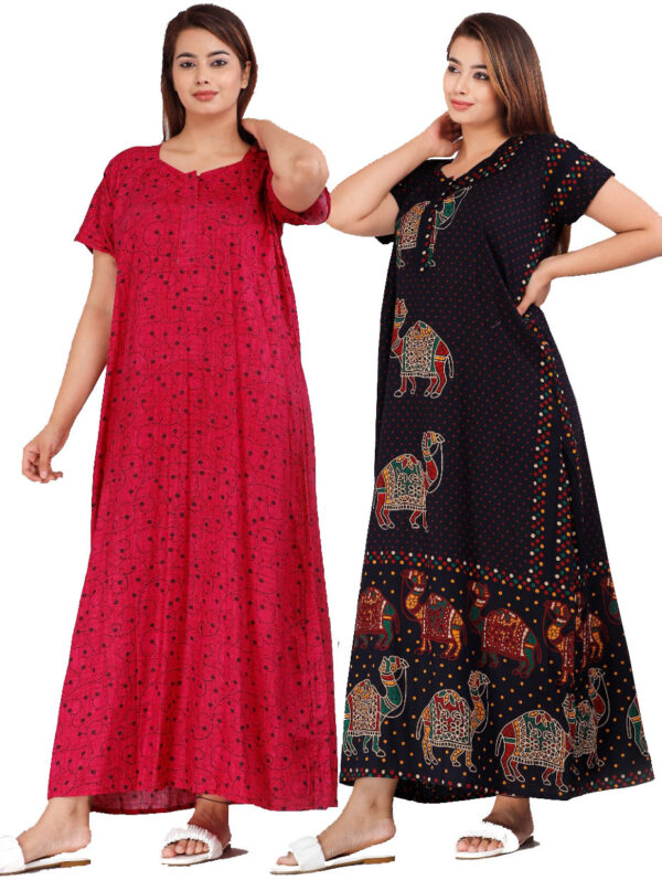 Cotton Nighty for Women || Long Length Printed Nighty/Maxi/Night Gown/Night Dress/Nightwear Inner & Sleepwear for Women's (Combo Pack of 2) (DSMF047-Nighty (P2)Pink Blue)