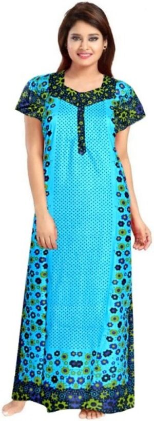 100% Cotton Nighty for Women || Long Length Printed Nighty/Maxi/Night Gown/Night Dress/Nightwear Inner & Sleepwear for Women's (Blue)-DSMF055-Nighty Blue