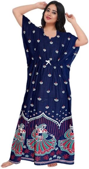 100% Cotton Nighty for Women || Long Length Printed Nighty/Maxi/Night Gown/Night Dress/Nightwear Inner & Sleepwear for Women's (Navy)-DSMF057-Nighty Navy