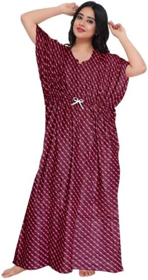 100% Cotton Nighty for Women || Long Length Printed Nighty/Maxi/Night Gown/Night Dress/Nightwear Inner & Sleepwear for Women's (Maroon)-DSMF060-Nighty Maroon