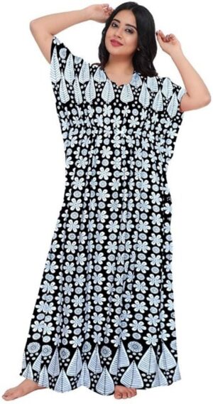 100% Cotton Nighty for Women || Long Length Printed Nighty/Maxi/Night Gown/Night Dress/Nightwear Inner & Sleepwear for Women's (Black)-DSMF065-Nighty Black